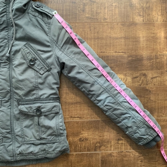 TNA Grey Green Hooded Zip Up Platoon Jacket With Buttons & Cinch Waist Sz Small - Picture 5 of 8